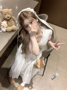 Váy Mùa Hè Trắng Kiểu Pháp Cho Nữ Váy Dài Không Tay Cổ Chữ V Ren Váy Chữ A Chất Liệu Polyester Mềm Mại Dáng Chữ A Không Tay