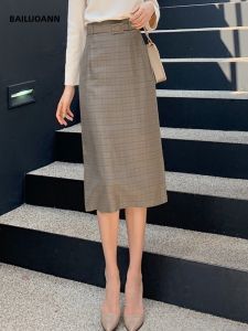BAILUOANN | Slimming Plaid A-Line Midi Skirt Commute Professional OL Womens Skirts High Waist Zipper Style Korean Version City Commute