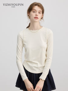 Design Sense Round Neck Pleated Slim Long Sleeve T-shirt