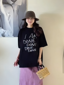 Áo Thun Nữ Tay Ngắn Dáng Rộng Cổ Tròn Màu Đen Dài Vừa Phải Mùa Hè Phong Cách Hàn Quốc Thanh Lịch Thường Ngày