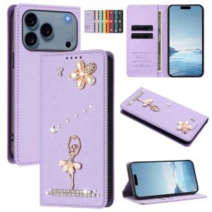 Bling 3D Rhinestone Ballerina Pearl Flower PU Leather Flip Wallet Phone Case For iPhone 18 Pro Max 17 Air 16 Plus 15 14 13 Multi Card Slots Kickstand Shockproof Protective Cover For Women Girls
