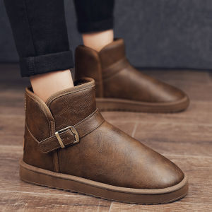 Mens Winter Snow Boots Fur Lined Thickened Bread Shoes Anti-Slip Warmth Leather And Fur Integrated Booties for Young Men