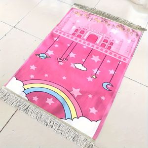 VIKAMA Rainbow Planet Childrens Muslim Prayer Mat Washable Prayer Mat with Tassels Cartoon Islamic Prayer Rug Home Decor