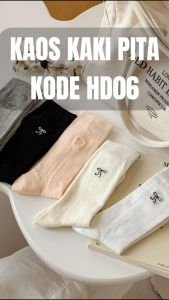HD06 kaos kaki wanita panjang sebetis tipis transparan gambar bordir pita ribbon cute - Kaos kaki remaja dewasa model korea