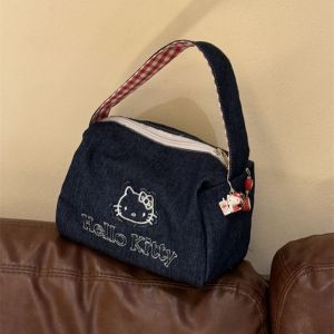 Sanrio | sSanrio Hello Kitty Retro Denim Handbag KT Cat High Aesthetic Large Capaci Portable Eup Bag Embroidered Travel Storage Bag Gifts