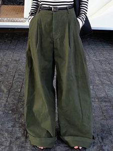 Fashionable Military Green Pleated Casual Pants Womens High Waist Floor-Length plus Size Loose Wide Leg Trousers