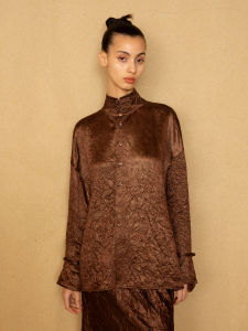 Blue Dot Fashionable New Chinese Style Spring Summer Brown Acetate Pleated High Collar Loose Shape Shirt Original Design Long Sleeve Stand Collar