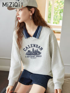 Korean Style Polo Collar Sweatshirt Women Spring Autumn New Letter Print Turn Collar Hoodless Top Cotton Polyester Blend Long Sleeve