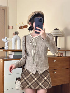 Miu Style Butterfly Knot Belted Open Cardigan Knitted Jacket Womens Sweet Short Gentle Lace Trim Long Sleeve T-Shirt