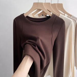 เสื้อยืดคอกลมแขนยาวผู้หญิง เสื้อเชิ้ตทรงสลิมฟิต ดีไซน์กระดูกปลา ทรงหนา ทรงเข้ารูป เสื้อชั้นในฤดูใบไม้ร่วง/ฤดูหนาว