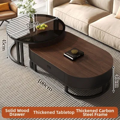 Luxury Compact Oval Tempered Glass Wooden Coffee Table
