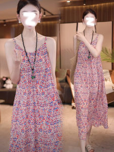 Korean Design Sensation Floral Thin Strap Dress Women Summer 2025 New Casual Loose Skirt Commute Style Long Sleeveless Dress