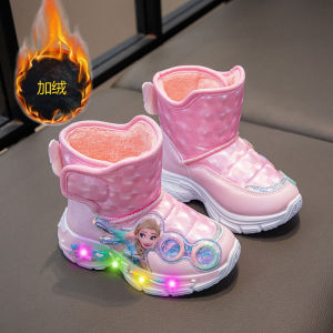 Girls Winter Snow Boots High Top Fleece Lined Cotton School Shoes Illuminated Princess Style Booties for Kids Ages 3-12