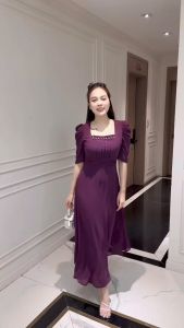 Đầm maxi form dài xếp ly ngực và eo đính ngọc tay phồng - MS0293 (Hình thật shop chụp)
