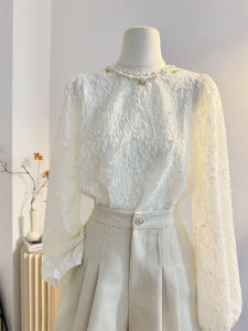 Áo Sơ Mi Ren Tay Dài Cổ Tròn Nặng Nề Kiểu Pháp Áo Sơ Mi Nữ Cao Cấp Mùa Xuân 2025 Áo Sơ Mi Nhỏ Họa Tiết Hoa Tay Dài Thường Ngày