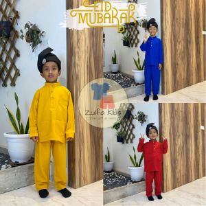 Baju Melayu Raya Budak Slim Fit Moden Royal Blue Merah Kuning Mustard Kurta Kids Sedondon Family Murah 2023 - Modern Slim Fit Kids' Royal Blue Kurta Set for Family Matching