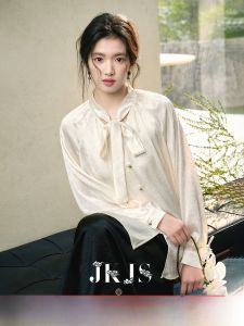 JK＆JS | New Chinese Style Womens Shirt JKJS Flowing Poetic Butterfly Knot Chiffon Silk Feel Top Classical Loose Fit Long Sleeve