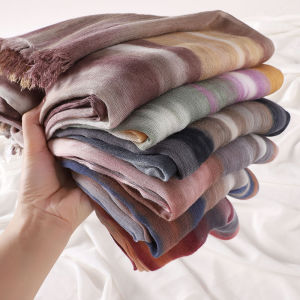 Jifang Retro Ombre Gradient Colors Rainbow Striped Cotton Rayon Shawl Long Pashmina Viral Cantik Airy Muslim Hijabs Shawls Tudung PW89