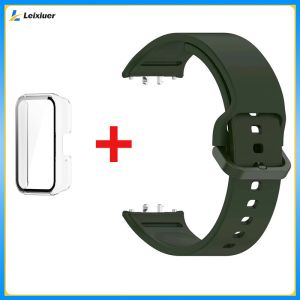 Silicone Strap + PC Bumper Case with Built-in Screen Protector for Samsung Galaxy Fit 3 Full Protection Sport Bracelet. Black strap with multiple color options for the case.