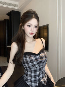 GUZILIAN | Retro Spicy Girl Plaid Strap Vest Shoulder Pad Long Sleeve Open Cardigan Fashionable Three-piece Set Skirt Korean Style Commute