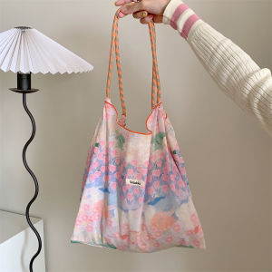 Summer Floral Canvas Tote Bag Large Capacity Rose Flower Beach Bag Refreshing Shopping Bag Single Shoulder Tote Bag