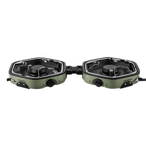 THOMSON double burner folding gas stove camping stove with two burners green color portable design suitable for outdoor cooking scene: camping with tent and picnic table.