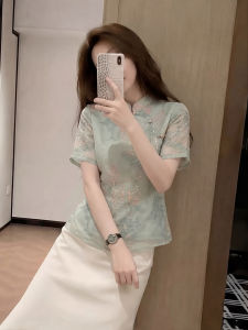 HUANJI | New Chinese Style White-Promoting Design Aesthetic Versatile Elegant Green Short Sleeve Embroidered Womens Shirt