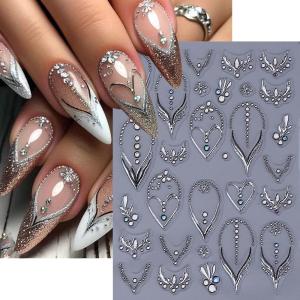 Dorisna 5D Embossed Silver Love Heart Nail Stickers Shiny Metallic Silver French Lines Rhinestone Nail Decal Nail Art Sliders