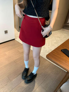 Red Woolen A-Line Mini Skirt for plus Size Women Casual High Waist Korean Style Spring Autumn Versatile Commute Zipper Design