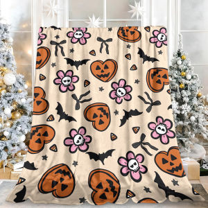 Beast Kingdom | Heart Pumpkin Skull Flower Bat Bow Halloween Flannel Blanket Soft Fuzzy Plush Cozy Warm Throw for Sofa Bed Couch