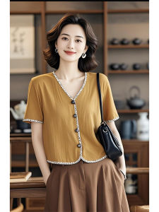 เสื้อเชิ้ตผ้าลินินคอวีแขนสั้นสีเหลืองสำหรับผู้หญิง สไตล์ลำลอง ทรงหลวม ฤดูร้อน 2025 เสื้อเชิ้ตผ้าลินินผสมคอตตอนแบบใหม่