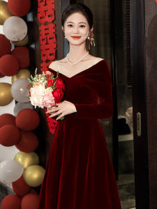 Red Long Sleeve Wedding Dress Evening Gown for Women Korean Style A-Line Skirt Polyester Fabric Bridal Dress Party Wear
