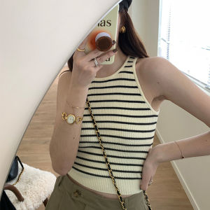 Summer Stripe Knitted Vest Womens Outerwear Slimming Sleeveless Top Commute Style Short Length Fashionable Innerwear