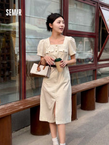 Semir Square Collar Midi Dress Womens Fashion Workwear Skirt Slit Vintage Cotton Lyocell Blend Summer Sweet School Style