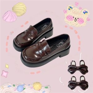Black Thick Bottomed Japanese Style School Uniform Shoes for Women JK Style Flats Butterfly Knot Slip-On round Toe Rubber Sole