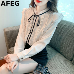AFEG Korean version stand collar bow fashion loose single breasted chiffon long sleeve blouse