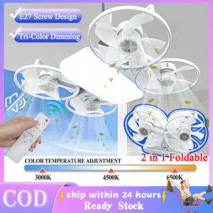 Drone Ceiling Fan With Led Light 2 In 1 Foldable Fan Remote Electric Fan Inverter Multi-Function Cordless Hanging Fan 3 Speed Adjustment Dimming Light E27 Socket Timer For Bedroom Kitchen Living Room