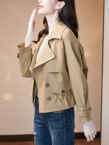 เสื้อแจ็คเก็ตสั้นสไตล์เกาหลีสำหรับผู้หญิง ฤดูใบไม้ผลิและฤดูใบไม้ร่วง ทรงหลวม แขนยาว ปกเสื้อแบบสูท กระดุมสองแถว