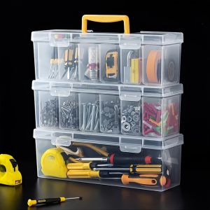 7Pcs Portable Tool Storage Box Clear Plastic Parts Organizer with 6 Removable Bins Heavy Duty Hardware Case for Screws Nails