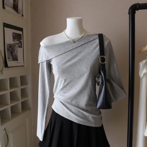 Slim Fit Sweet And Spicy Long Sleeve T-Shirt Womens Elegant Style Cotton Knitwear Casual Versatile Shoulder Baring Asymmetrical Top