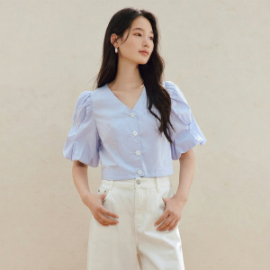INMAN | Xinjiang Cotton Designed Puffy Sleeve V-Neck Summer Blouse