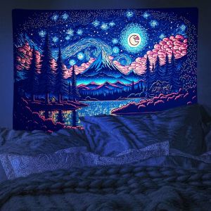VIKAMA Blacklight Starry Night UV Reactive Tapestry Mountain Lake Blue Pink Van Gogh Phong Cách Treo Tường Để Trang Trí Phòng Ngủ