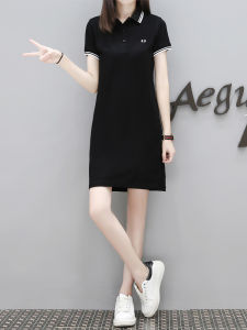 Polo Collar Mini Dress Net Cotton Casual Summer Womens Clothing Slimming A-Line Skirt Short Sleeve Mid-Length Pure Color