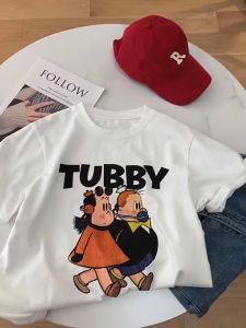 Kaos wanita lengan pendek gaya Korea ukuran besar warna putih dengan potongan bahu pas model terbaru 2025 musim panas bahan katun 100% kerah bulat sablon kartun desain longgar untuk pelajar yang memberikan efek langsing Outfit ala akademik Brand Trendy