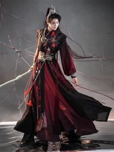 Song Dynasty Hanfu Womens Long Shirt Cheongsam Neckline Floral Pattern Black Red Color Cosplay Costume Element Traditional Chinese Clothing