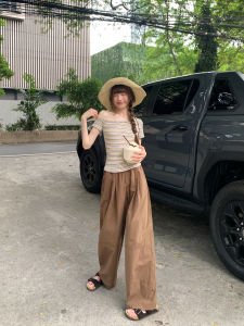 Elastic Waistline Divided Design Loose High Waist Slim Wide Leg Leisure Pants