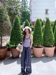 Blue Tencel Linen Elastic Waist Loose Summer Casual Pants