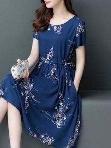 NUANKONG | Pockets Midi Cotton-Chiffon Dress for Elderly Women with Short Sleeves and Floral Pattern