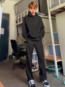 Black Heavyweight Hoodie Set Mens Casual Autumn Long Pants Full Set Basic Style Hooded Sweatshirt Ensemble for Teenagers