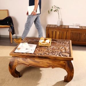 โต๊ะกลาง แกะสลัก ลายช้างป่า โต๊ะข้าง โต๊ขาคู้ ไม้จามจุรี 5ขนาด สีเนื้อไม้ สีโอ๊คอ่อน คลาสิค ตั่งขาคู้ แกะสลัก ลายนูน มีมิติ โต๊ะวินเท